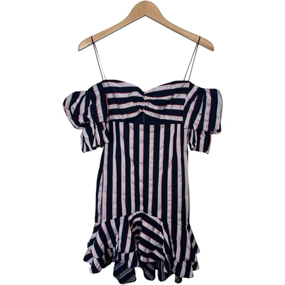 WAYF Korbin Striped Off-the-Shoulder Dress | Navy Lavender Strapless Mini Small - Picture 4 of 7